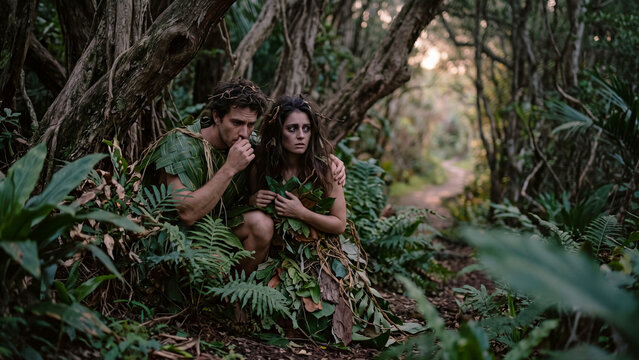 Adam and Eve hiding in the Garden of Eden wearing fig leaves after eating the forbidden fruit