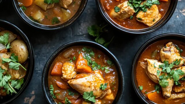 A collection of six bowls filled with delicious chicken soup garnished with fresh herbs and vegetables on a rustic table. Perfect for comfort food or meal prep.