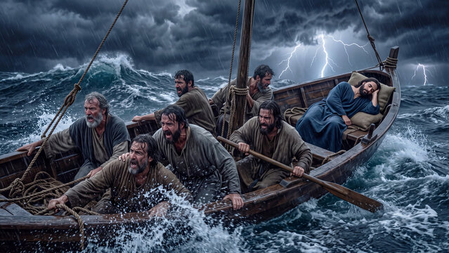 Jesus sleeping during a violent sea storm while disciples panic in a wooden boat with lightning and huge waves