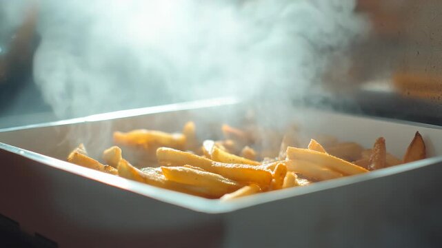 A tray of crispy french fries frying in hot oil with steam rising up.