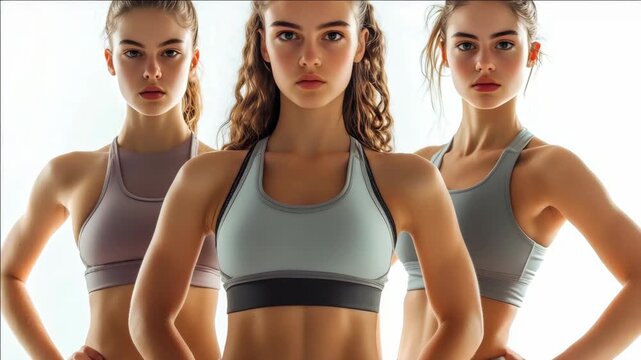 Three women in sport bras stand confidently. They pose with hands on hips, facing forward. Soft lighting highlights their athletic figures. Neutral expressions convey strength and focus