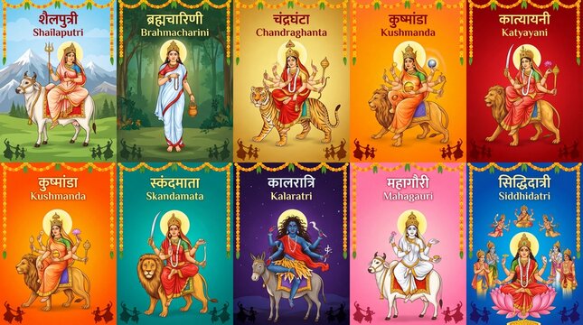 Navratri 9 days 9 goddess garba vector