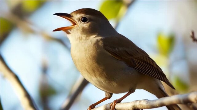 A brown and white songbird sitting on a branch with its beak open as if singing or chirping.