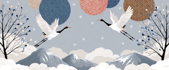 Obraz premium Two Red-Crowned Cranes Flying Over Snowy Mountains with Abstract Circles in the Sky.