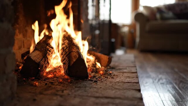 Cozy fireplace with burning logs and flickering flames, warm atmosphere, embers glowing, hearth details, ideal for winter or holiday themes