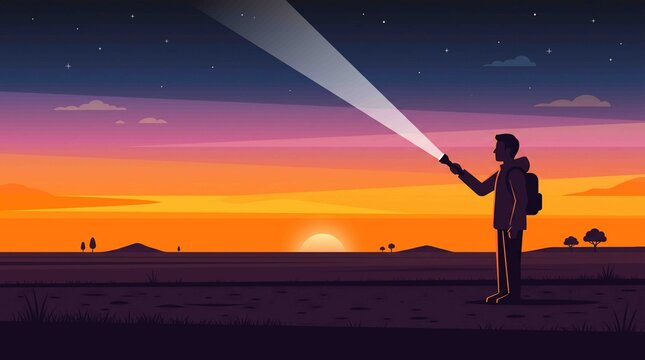 Hiker pointing flashlight beam into night sky at sunset landscape 