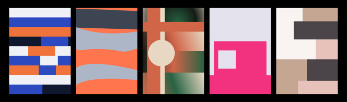 Set of five modern minimalist abstract art posters featuring geometric shapes and vibrant colorful compositions