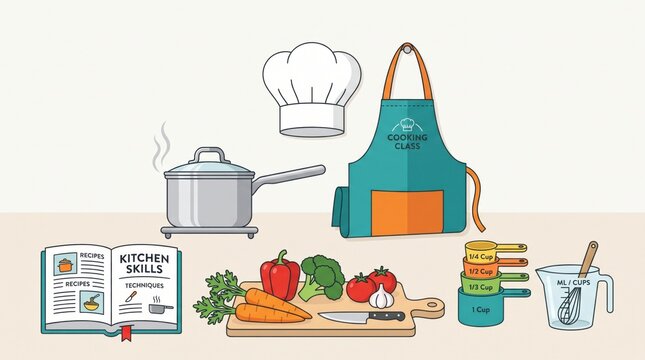 Cooking education flat illustration. Culinary school icons with kitchen tools and food.