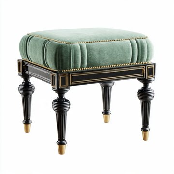 Elegant velvet ottoman with carved legs. Luxury upholstered footstool for home decor.