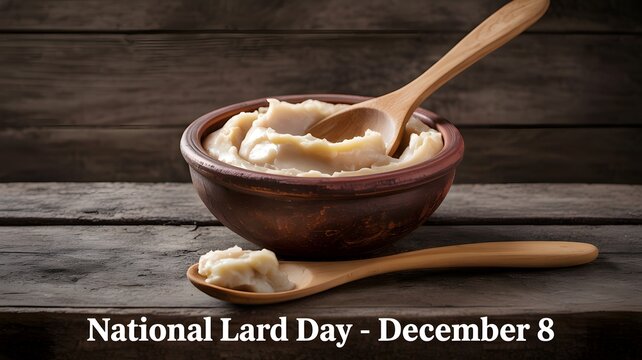 Bowl filled with white animal fat and wooden ladle placed on dark rustic brown wooden table background