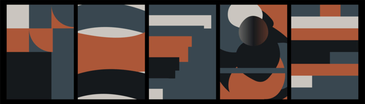 Set of five minimalist abstract art posters featuring geometric shapes in terracotta, dark blue, beige, and black