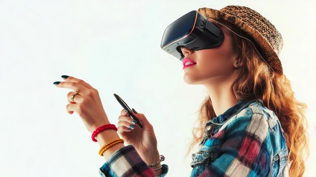 Smiling woman with long hair wearing a denim shirt and holding a pen. She is using an Oculus Rift-like VR headset with headphones, seemingly engaged in a game or simulation.