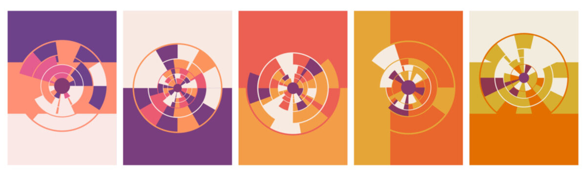 Five abstract vertical art prints featuring geometric concentric circles and segmented color block backgrounds in warm