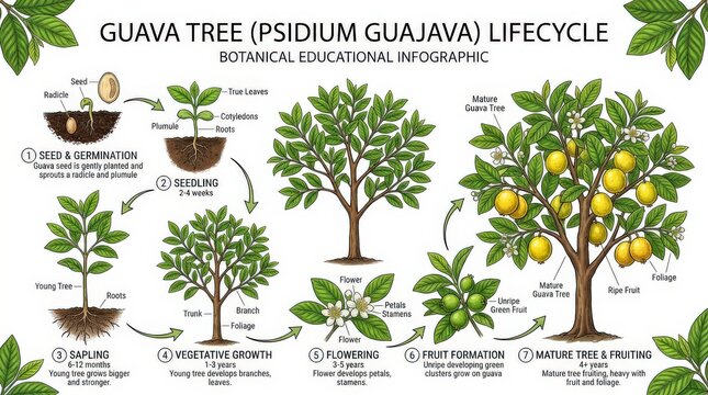 Guava tree lifecycle infographic. Botanical growth stages of Psidium guajava plant.