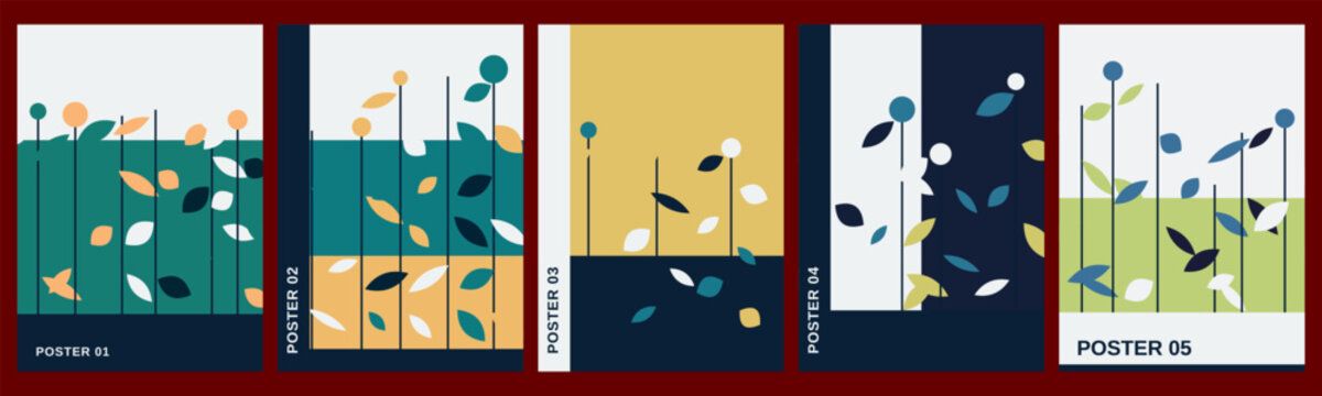 A set of five minimalist botanical art posters featuring stylized floral stems and falling leaves in earthy retro tones