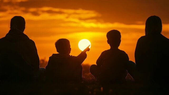 A warm scene of a family enjoying the sunset together.