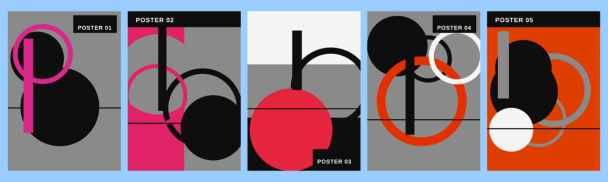 Five abstract modernist posters featuring geometric shapes like black circles, red rings, and gray blocks on colorful