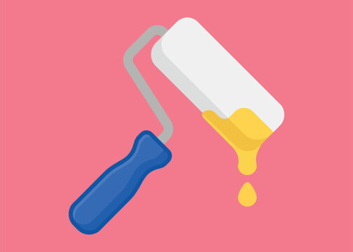 Paint roller with yellow paint dripping on pink background