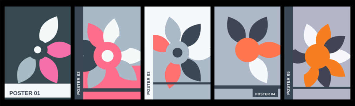 Five abstract flat art posters featuring minimalist floral petal shapes in dark grey pink orange and white tones