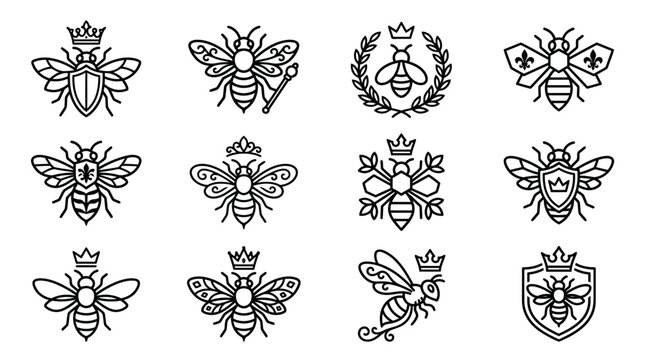 Stylized bee heraldry icons with shields and crowns