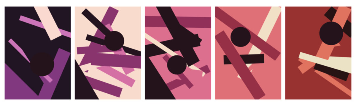 Five abstract art posters featuring geometric shapes and colorful rectangles with bold composition and copy space