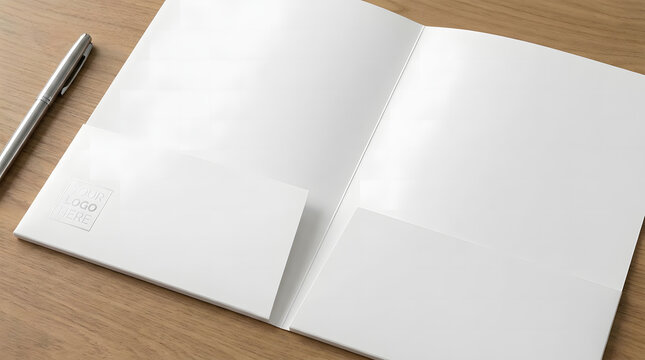 Blank white presentation folder mockup with internal pockets on light wood office desk top.