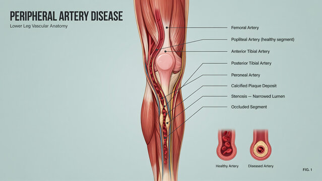Medical illustration of peripheral artery disease in the human leg anatomy