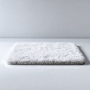 White fluffy bath mat on grey floor. Soft bathroom rug for interior design.