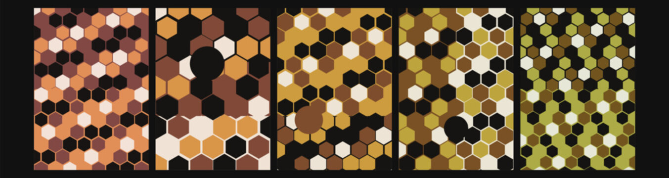 Five vertical panels featuring repeating geometric honeycomb patterns in shades of brown, gold, and green with copy
