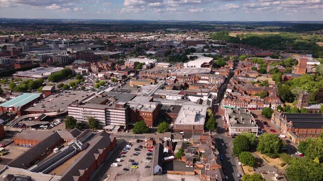 Aerial shot of Burton upon Trent shopping district and streets