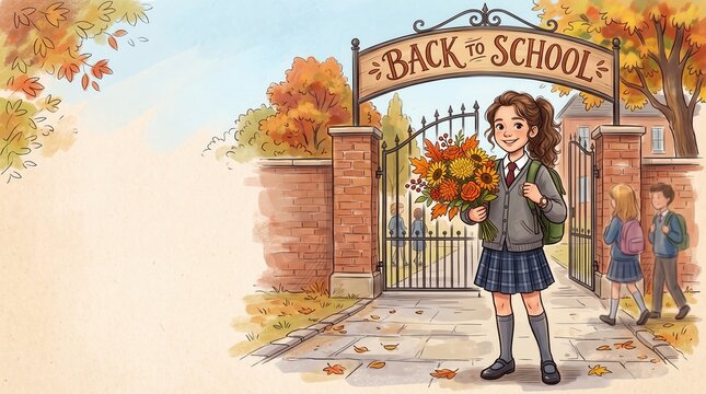 Happy student holding flowers standing at school gate wearing uniform. Autumn season atmosphere with children walking in background.