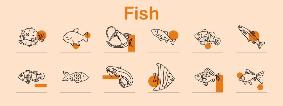 Fish set icon. Spotted puffer, ocean predator, deepsea angler, freshwater species, striped clownfish, jumping salmon, tropical aquarium, decorative carp, whiskered catfish, exotic angelfish