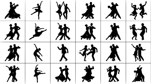 Black silhouette dance figures set with dynamic poses featuring dancers in motion with abstract shapes and shadows and silhouettes