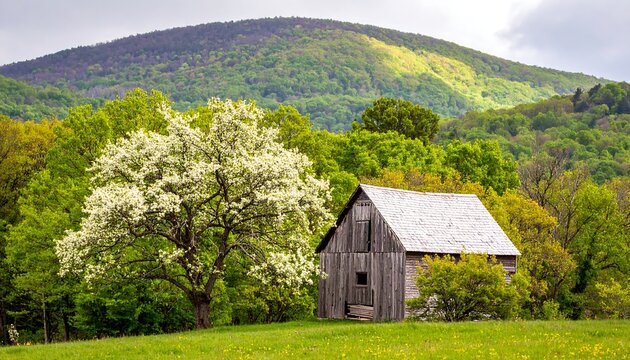 Serene countryside cottage surrounded by blooming trees.