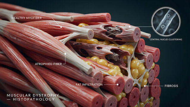 Medical illustration of muscular dystrophy showing damaged muscle fibers