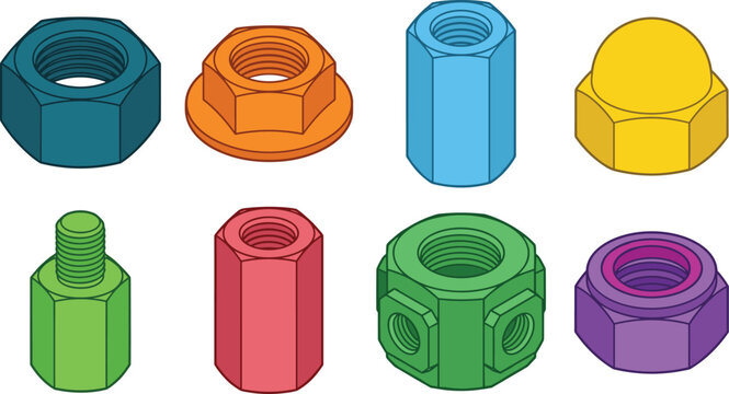 Industrial Nut Vector Icon Set with Hex Flange Coupling Cap Weld and T Nut Collection