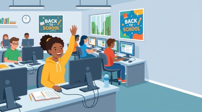 Happy student raising hand in computer lab during class. Bright classroom environment with children learning at desks.