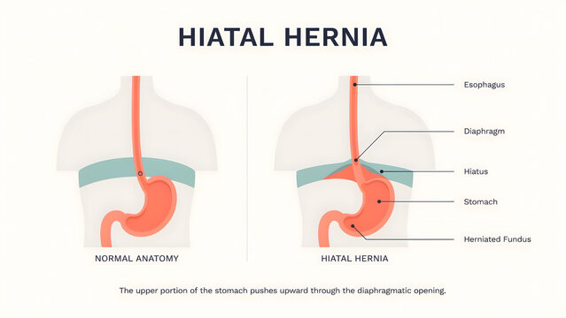 Medical illustration of a hiatal hernia showing normal and herniated stomach
