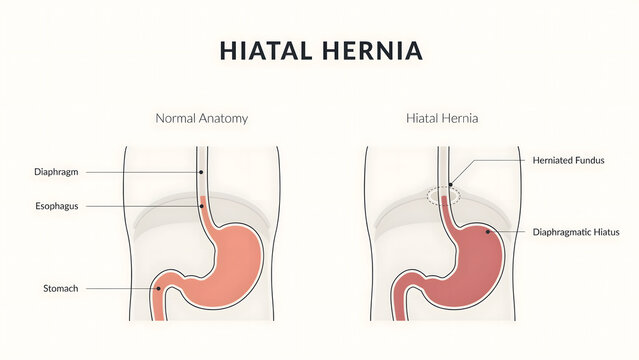 Medical illustration of a hiatal hernia compared to normal human anatomy
