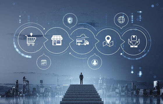 Conceptual e-commerce logistics and business growth strategy ove