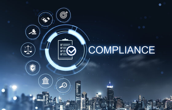 Digital compliance interface with checklist, legal and security icons over urban skyline at night, corporate governance and audit concept.