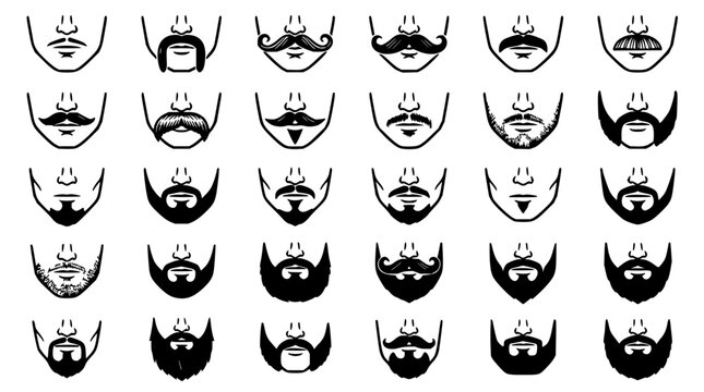 Facial hair styles set with minimalist line art featuring beards, mustaches, and stubble with clean strokes and geometric shapes