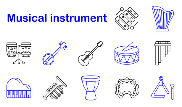 Musical instrument set icon. Xylophone melody, harp orchestra, percussion bongos, banjo strings, acoustic guitar, marching drum, panflute folklore, grand piano, brass trumpet, djembe rhythm