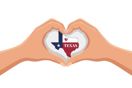 Hands making heart shape with Texas map flag and text, Lone Star State pride with heart icon vector illustration isolated