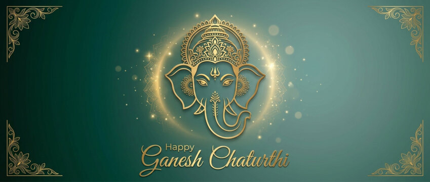 Golden Lord Ganesha Line Art with Glowing Halo on Green Background, Ganesh Chaturthi Greeting Banner