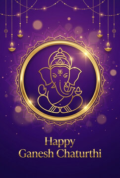 Golden Lord Ganesha Line Art in Circular Frame with Hanging Lamps, Ganesh Chaturthi Greeting Card