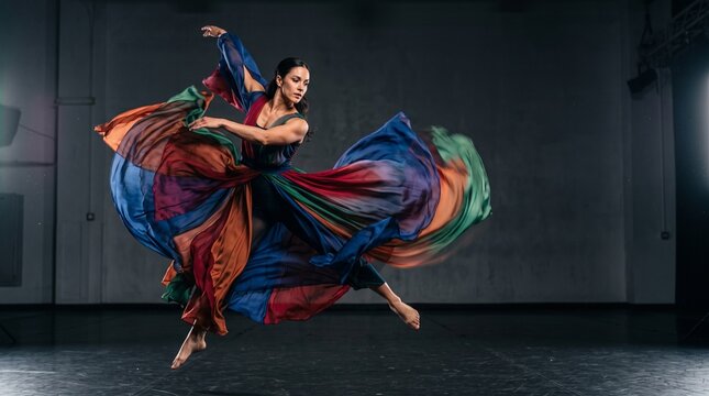 Graceful contemporary dancer jumping in colorful flowing dress, expressive female ballet performer in motion, vibrant silk fabric swirling in dark studio