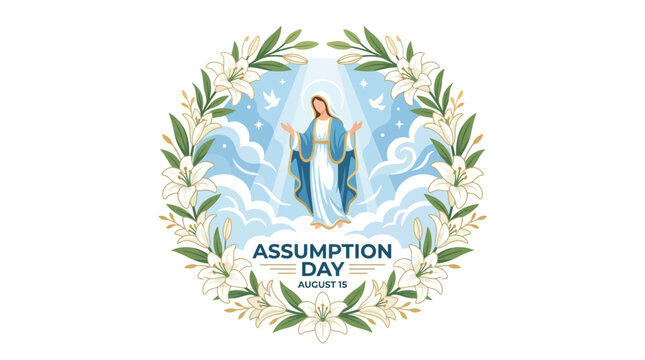 Elegant Assumption Day Illustration Featuring Virgin Mary with Lily Wreath and Divine Rays