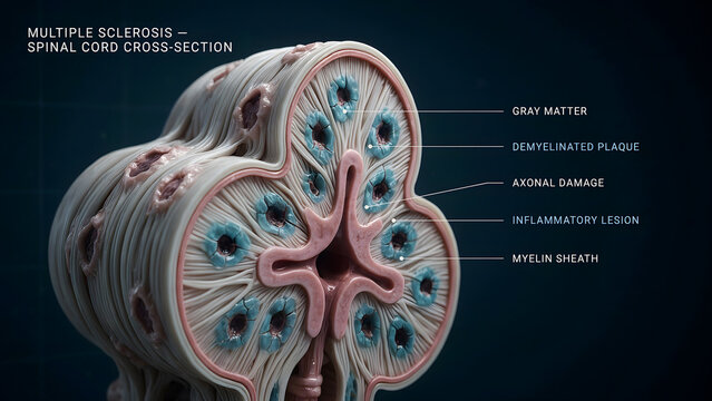 Medical illustration of a human spinal cord cross section with multiple sclerosis