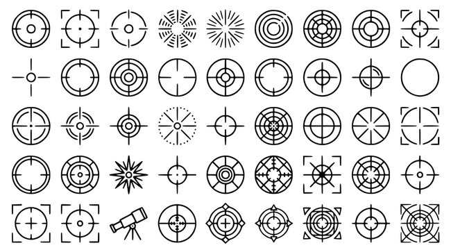 Minimal optical reticle outline vector collection with precision crosshair viewfinder lens alignment and calibration symbols isolated on white background